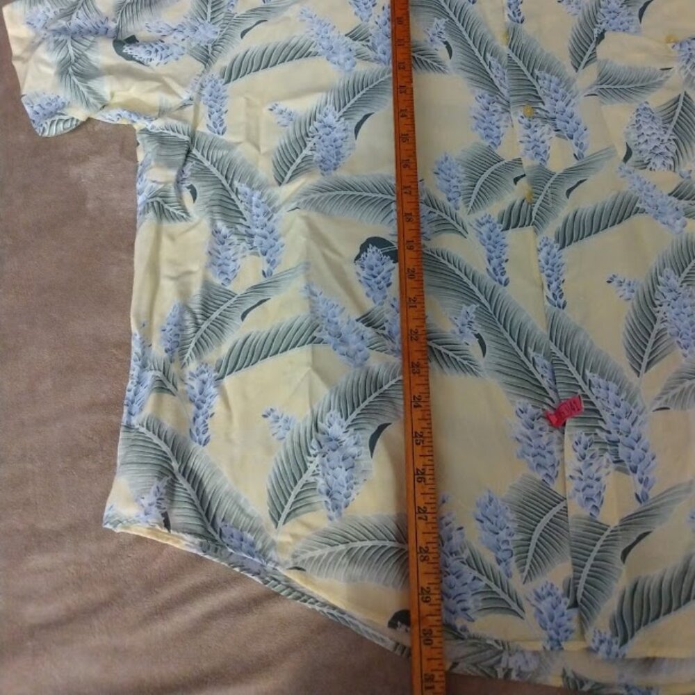 Vintage Hawaiian Men's Camp Shirt XXL Yellow Blue Palm Print Rayon Beach Casual - Picture 10 of 11